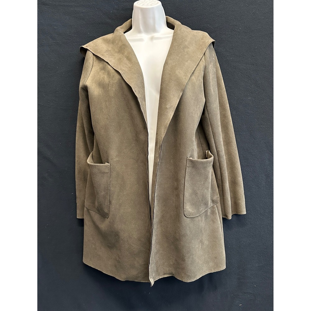 Hyfve Womens Olive Green Faux Suede Hooded Open Front Cardigan Jacket HF22A444 S